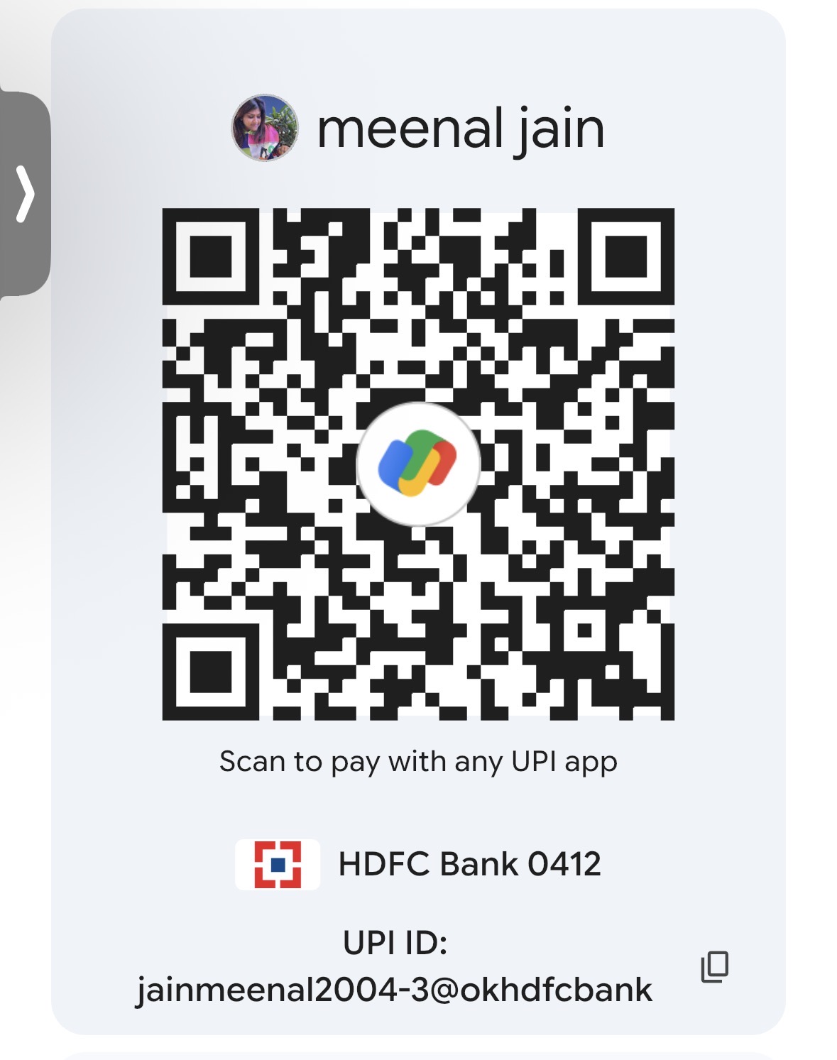 UPI QR code — Meenal Jain, HDFC Bank