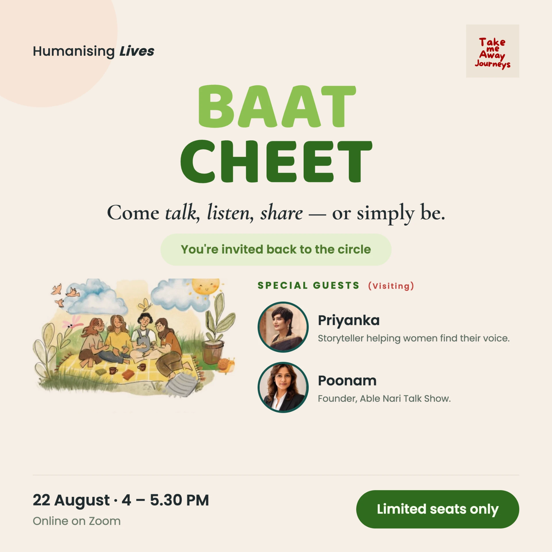 Baatcheet Online Circle on 22 August, 4 to 5.30 PM on Zoom, with special guests Priyanka and Poonam
