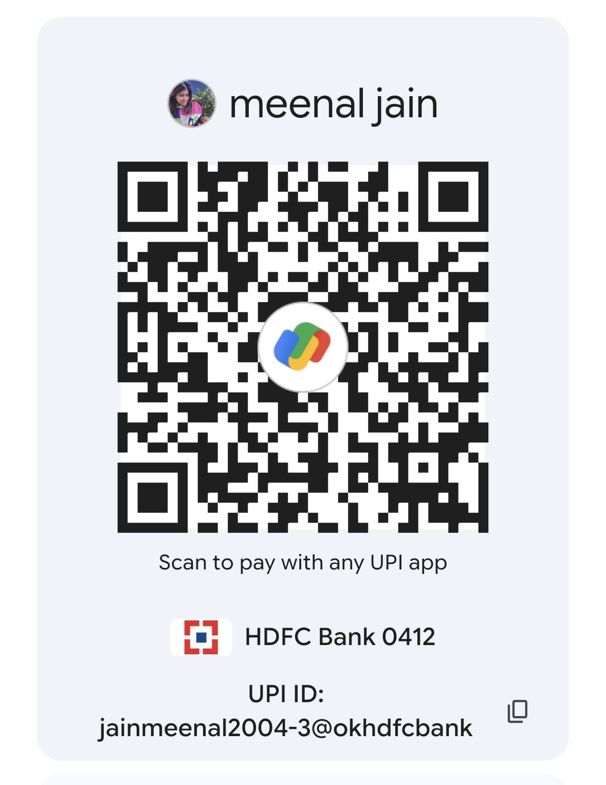 UPI QR code — Meenal Jain, HDFC Bank